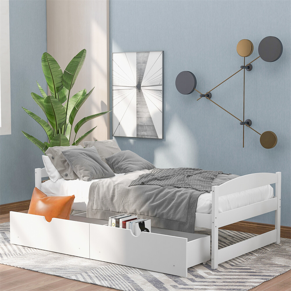 Twin Size Platform Bed Two Drawers White Solid Wood Frame Simple Single-layer