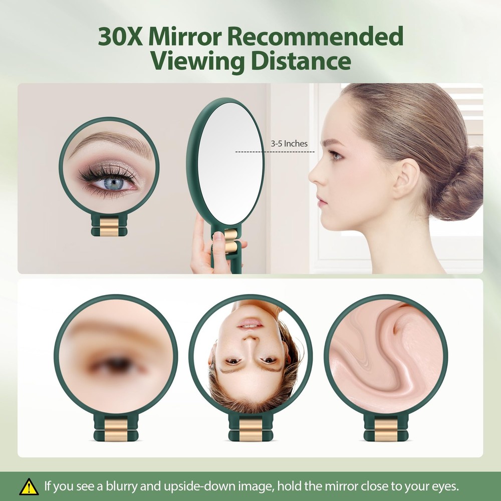 30X Magnifying Mirror Hand Handle Double Sided 30X/1X Foldable Green