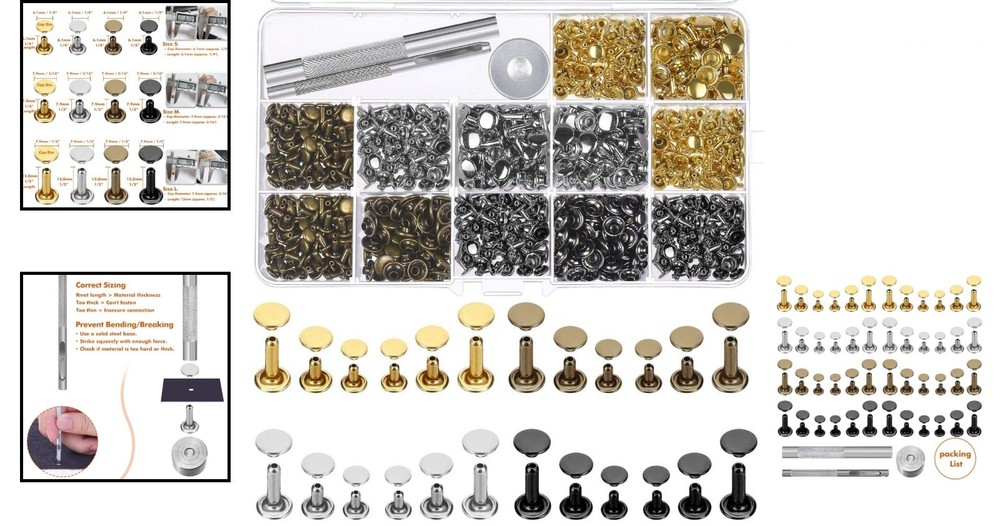 Durable Double Cap Leather Rivets - 480 Sets in 4 Colors for Creative Projects