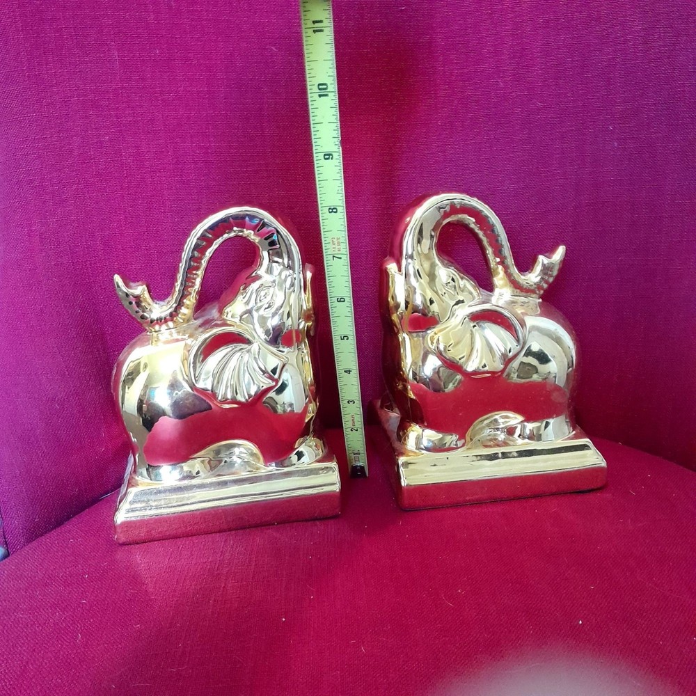 Gold Elephant Bookends Pair Ceramic 7" Tall
