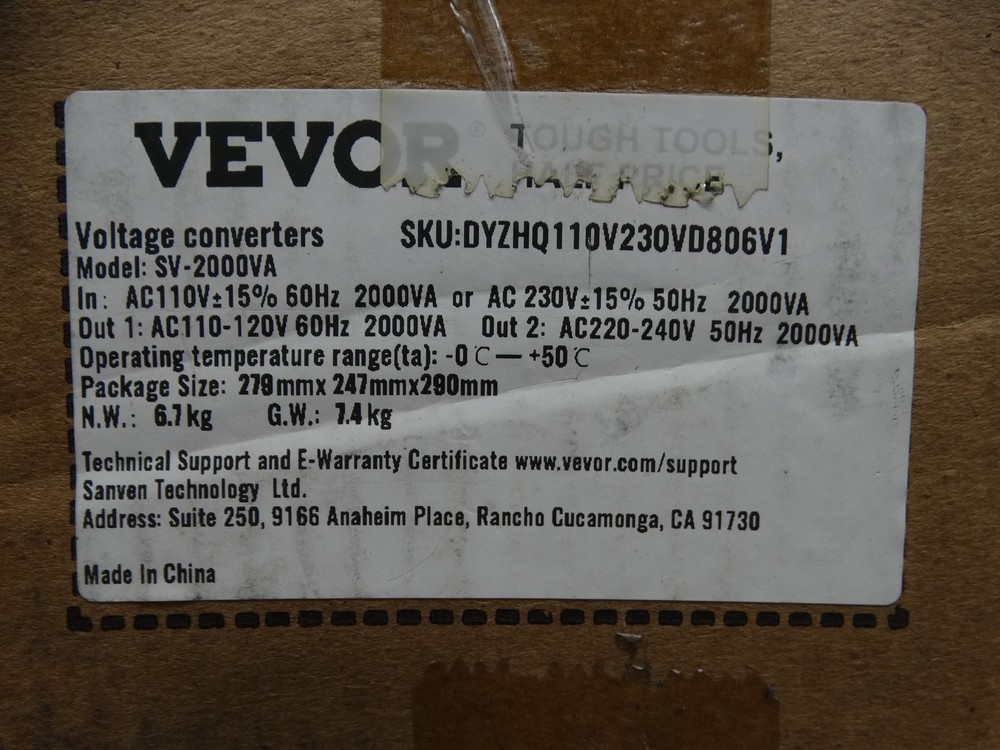 VEVOR Voltage Converter Transformer 2000 Watt Step Up/Down Convert 110-220 Volt