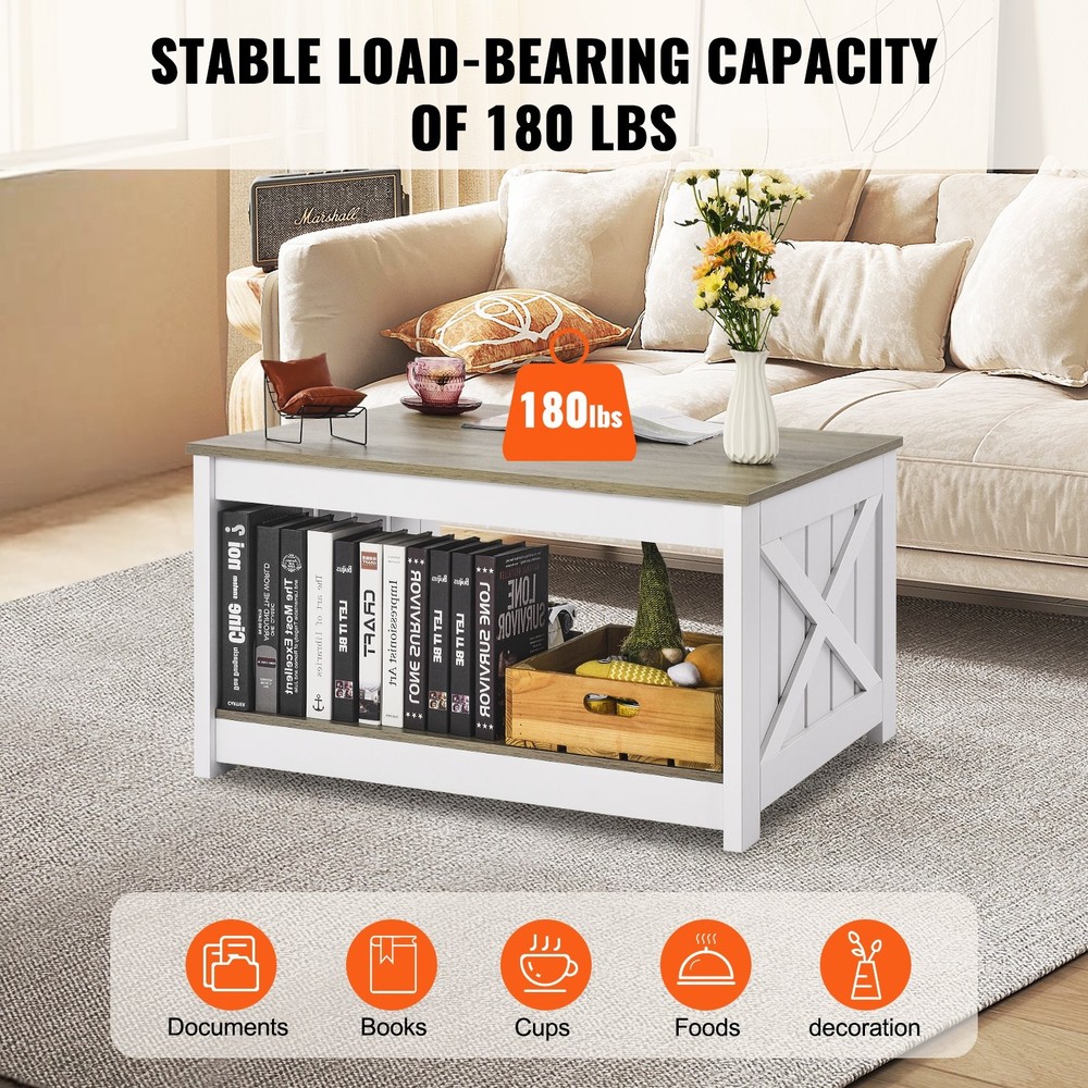 31.5" Farmhouse Coffee Table Square Coffee Table Open Storage Compartment