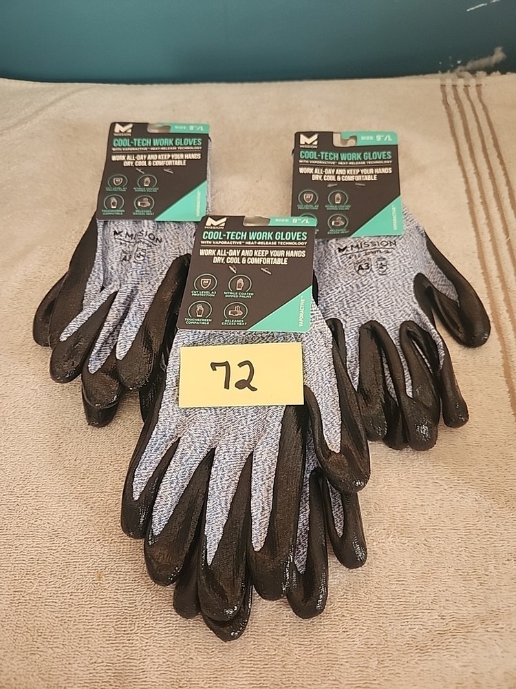 3 Sets Mission Cool-Tech Work Gloves W/ Vaporactive Heat-Release Technology 9"/L