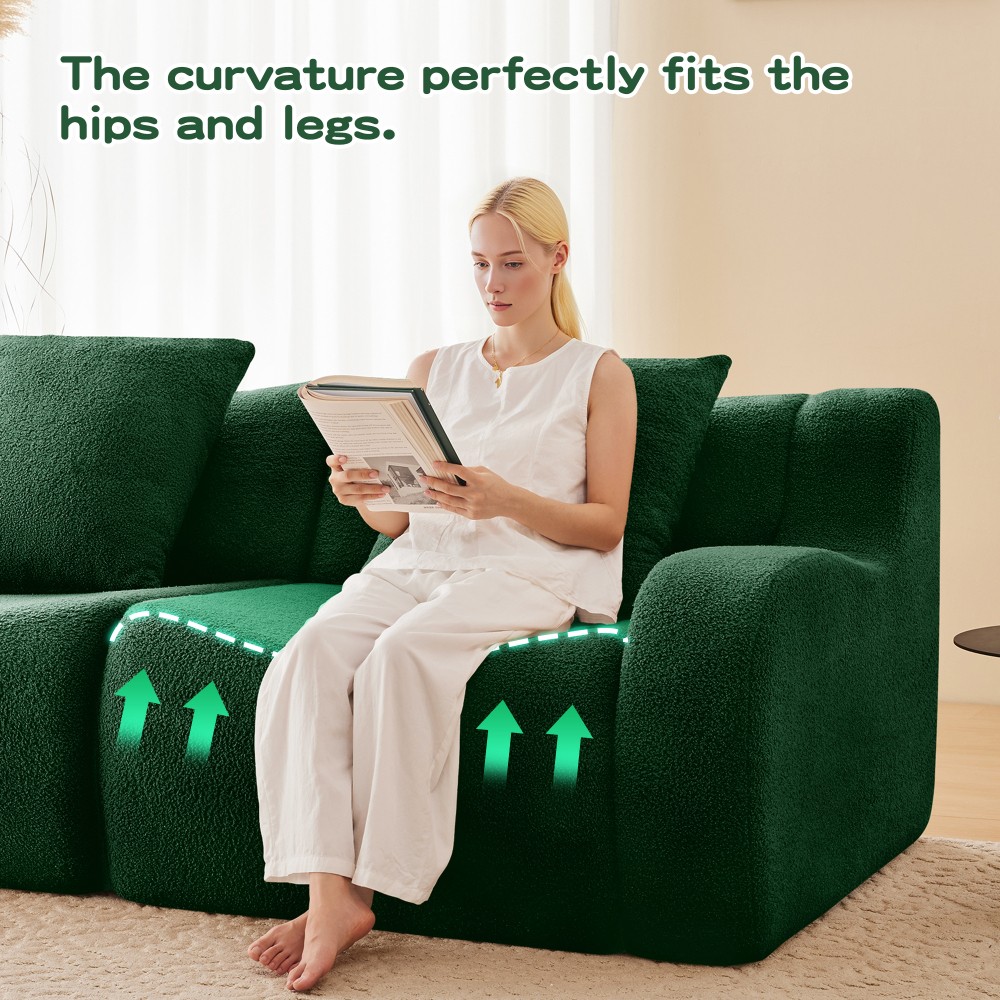L-Shaped Teddy Fabric 2-Seat Sofa w/ Curved Armrest, Green