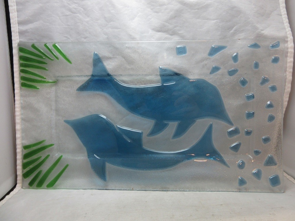 Fused art glass serving platter with Dolphins
