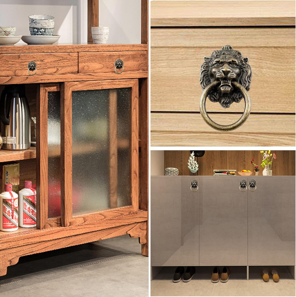 6 Pcs Lion Head Knobs Pull, Antique Bronze Ring Pull Handles for Dresser Draw...