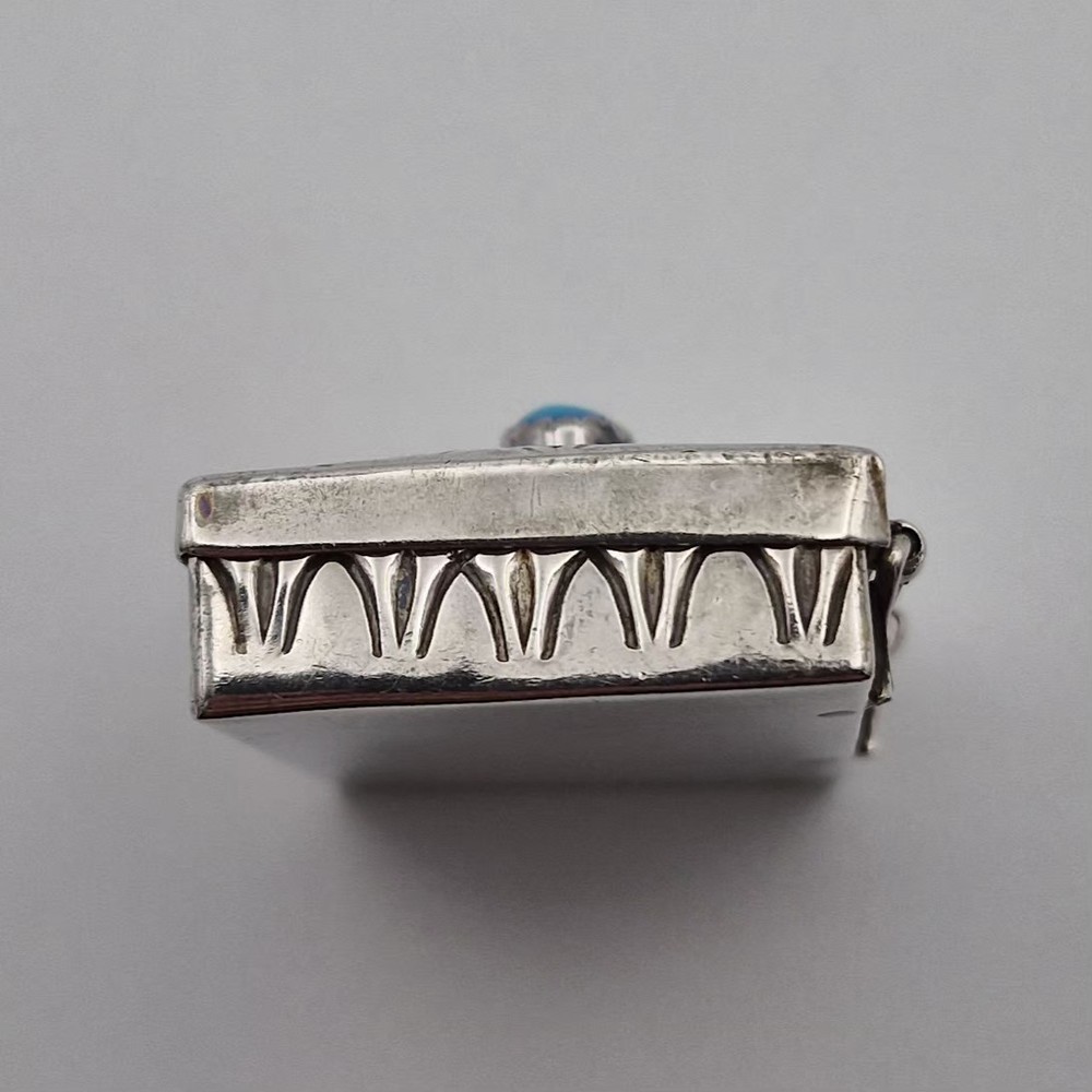Vintage Sterling Silver Pill Box Rectangular Engraved Blue Turquoise 14.3g