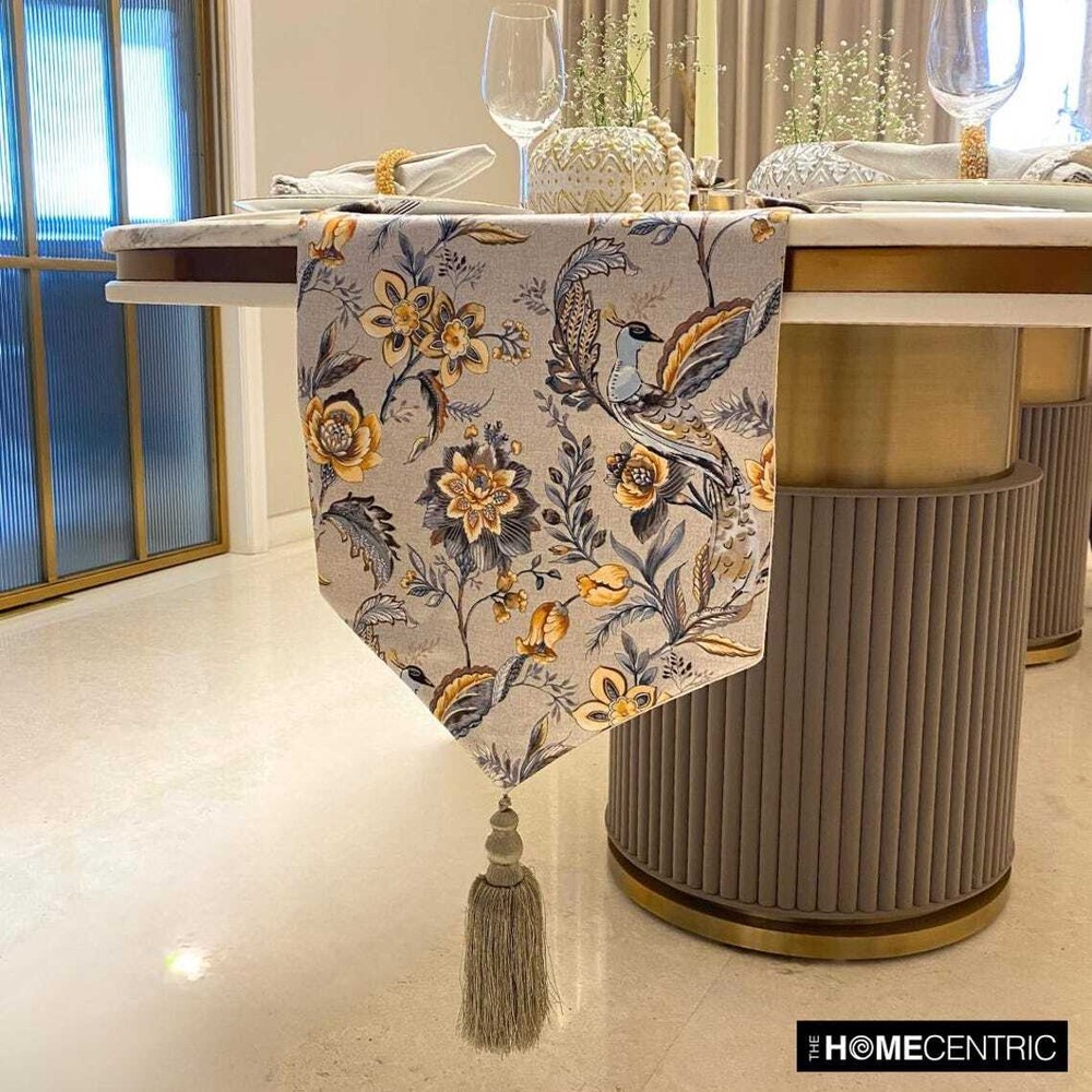 Decorative Table Runner Grey Satin Floral, Peacock &Tassles - Merlin