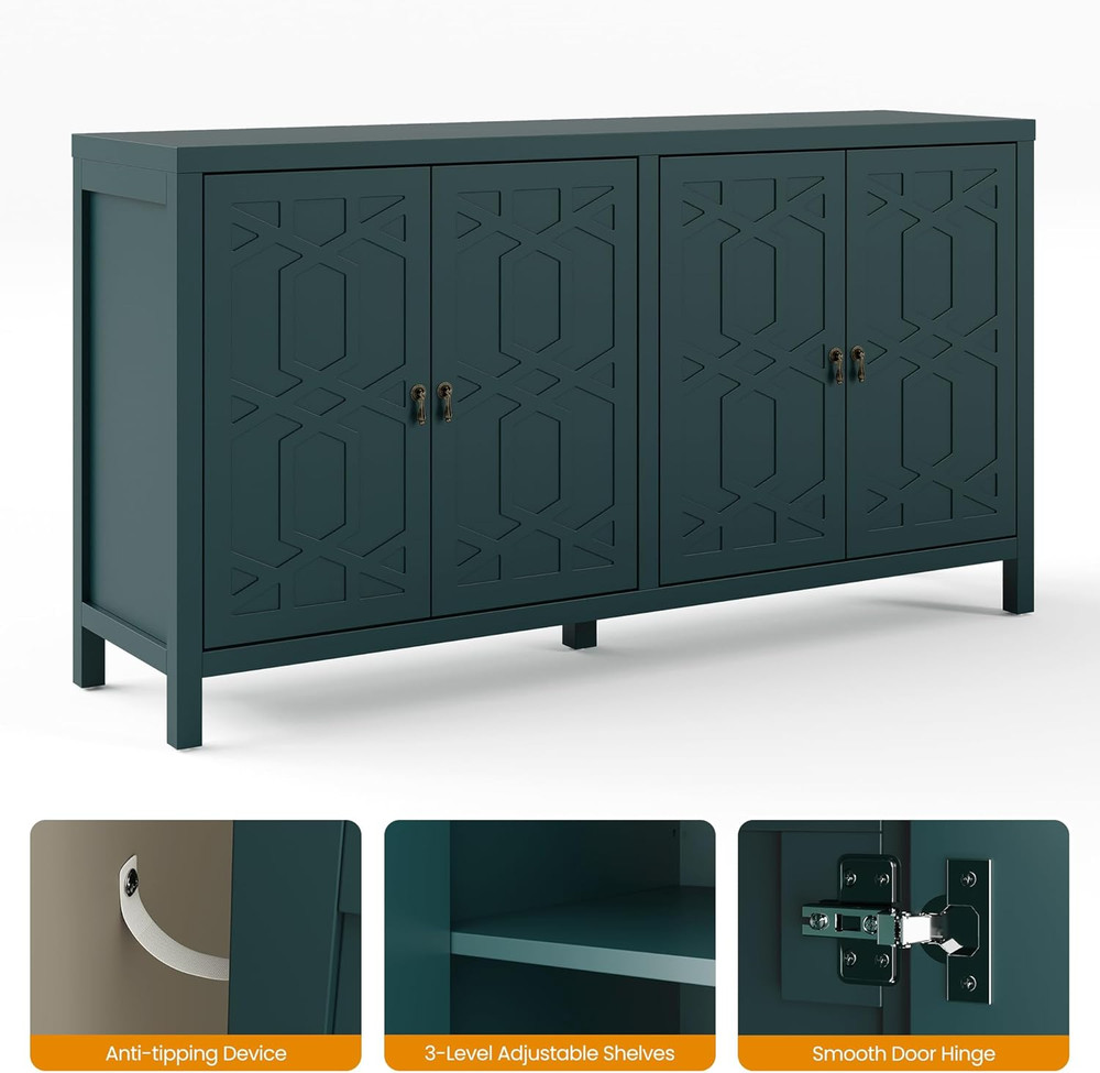 Elegant 60'' Forest Green Sideboard Buffet Cabinet with Adjustable Shelves