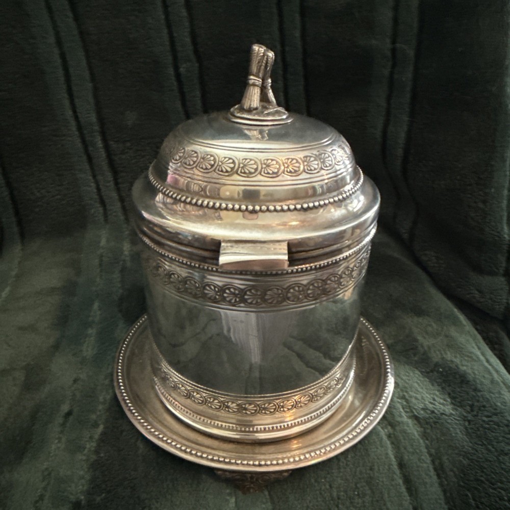 Victorian Style, Silverplate Biscuit Barrel, Footed, Hinged Lid - Source Perrier
