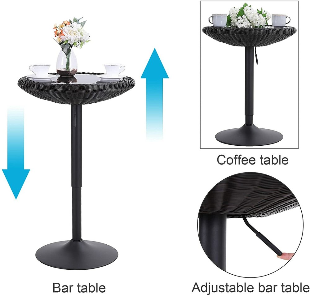 PHI VILLA Bar Table Round Pub Table Height Adjustable Rattan Kitchen Table