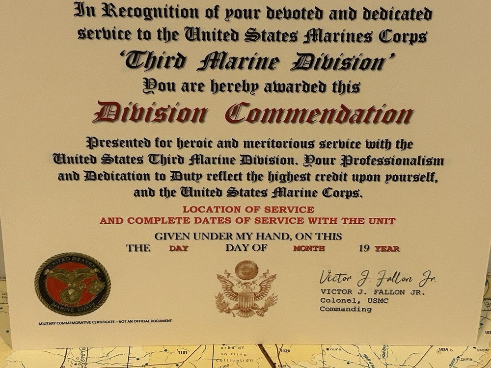 U.S.M.C. / THIRD MARINE DIVISION ~ DIVISION COMMENDATION REPLACEMENT CERTIFICATE