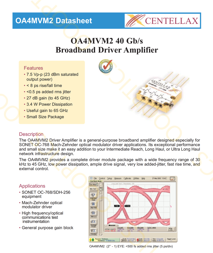 CENTELLAX OA4MVM3/2 40G Broadband MZ RF Optical Modulator Driver Amplifier