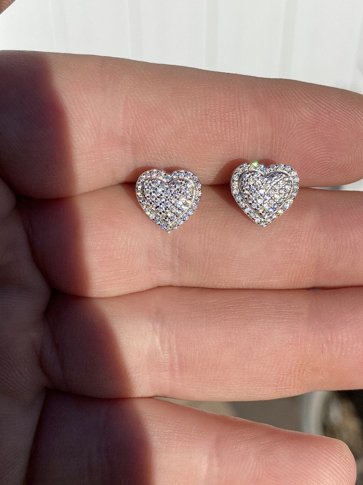 Solid 925 Sterling Silver Iced Heart Stud Earrings Simulated Diamonds Iced