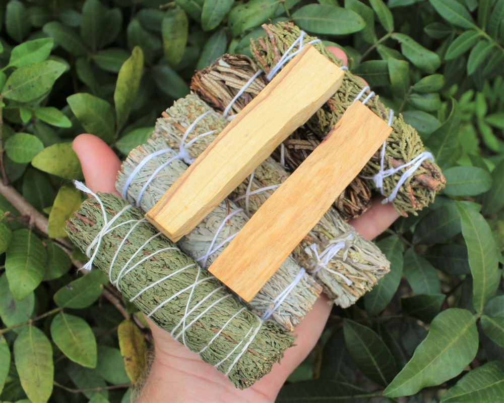 5 Smudge Stick SAMPLER Set Blue Black Cedar Juniper Yerba & 2 Palo Santo