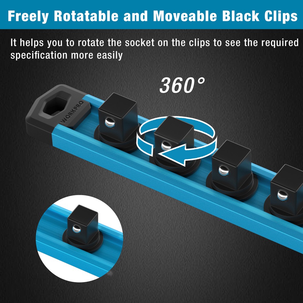 WORKPRO MultiColor 1/4'' Dr Magnetic Socket Organizer Aluminum Alloy Socket Rail