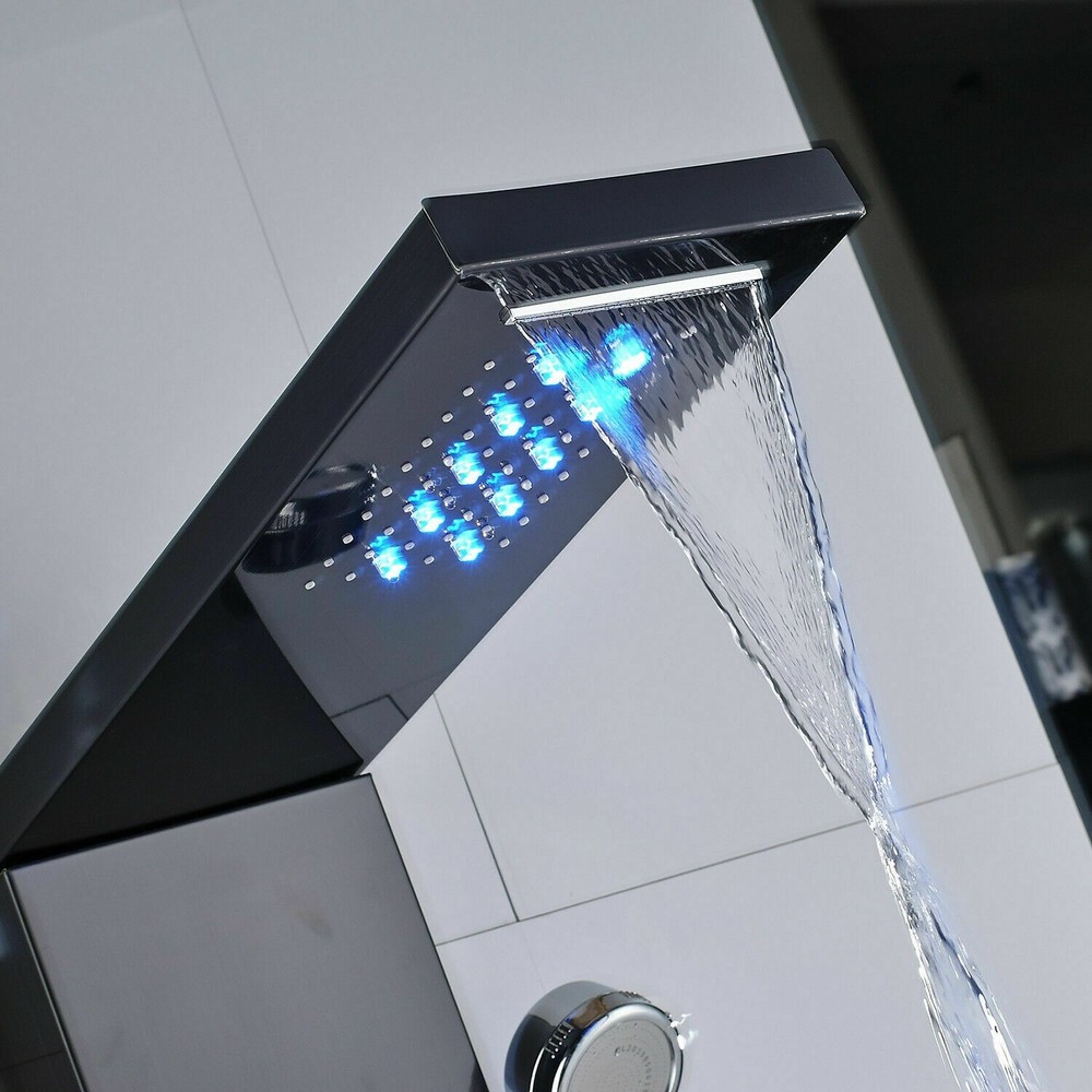 LED Black Shower Panel Tower System W/ 4 Massage Jets Hand Shower Water&Rainfall