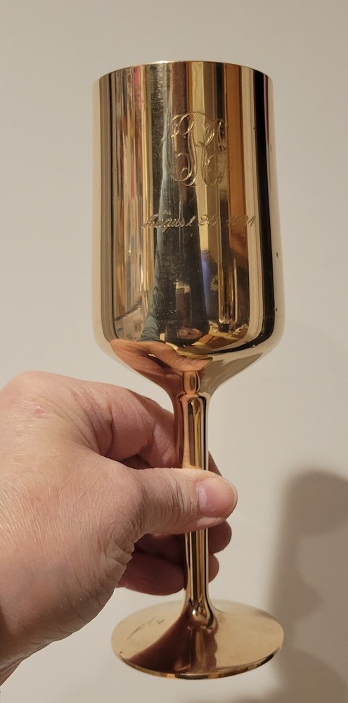 Solid Brass 7.5" Wine Goblet Monogrammed Dated August 25, 1984