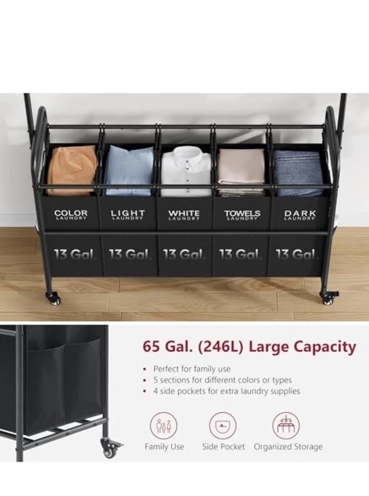 Laundry Sorter with Hanging Rack, 5 Sections Laundry Sorter with Black