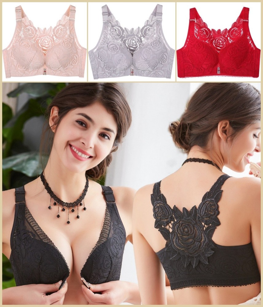 Women‘s Front Closure Bra Wireless, Plus Size Push Up Rose Bra with Back UK