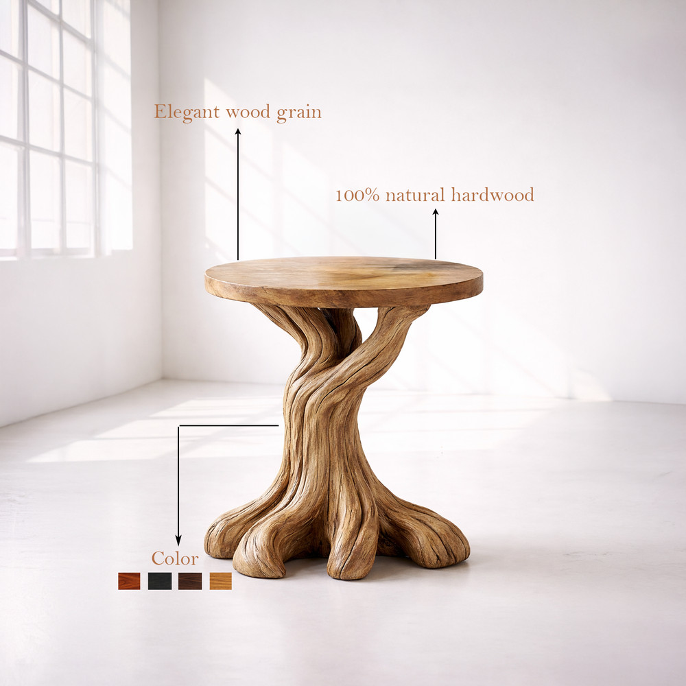 Wood Side Table Rustic Solid Wood Tree Root Base Round Top Handmade End Table