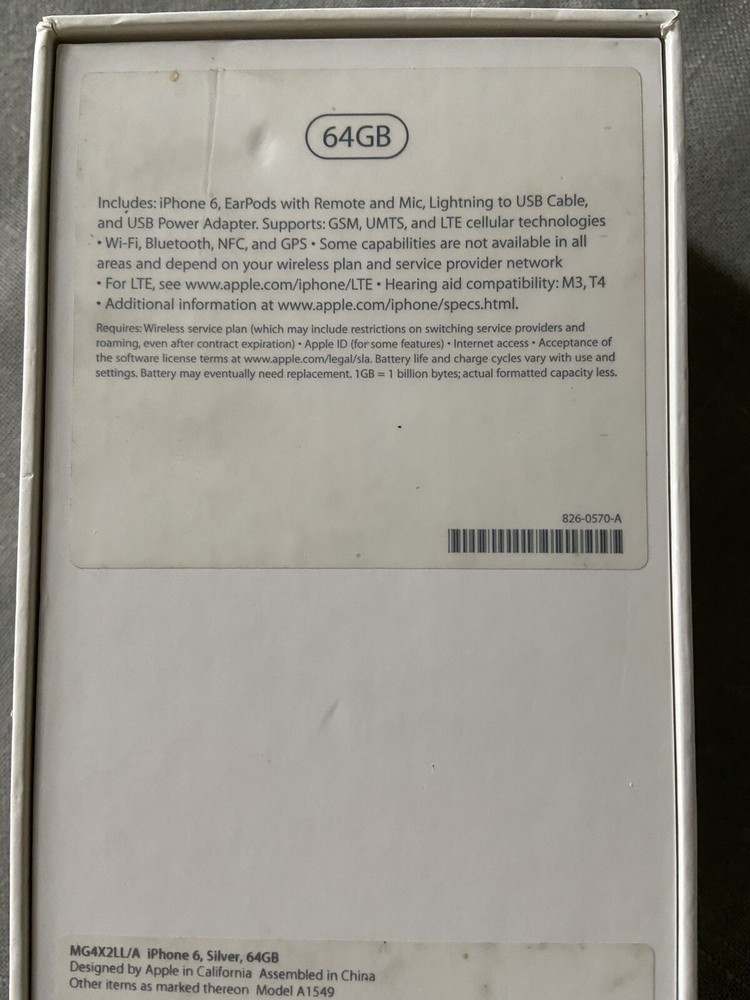 Empty BOX Original APPLE IPHONE 6 SILVER 64GB (Box Only, NO Phone)