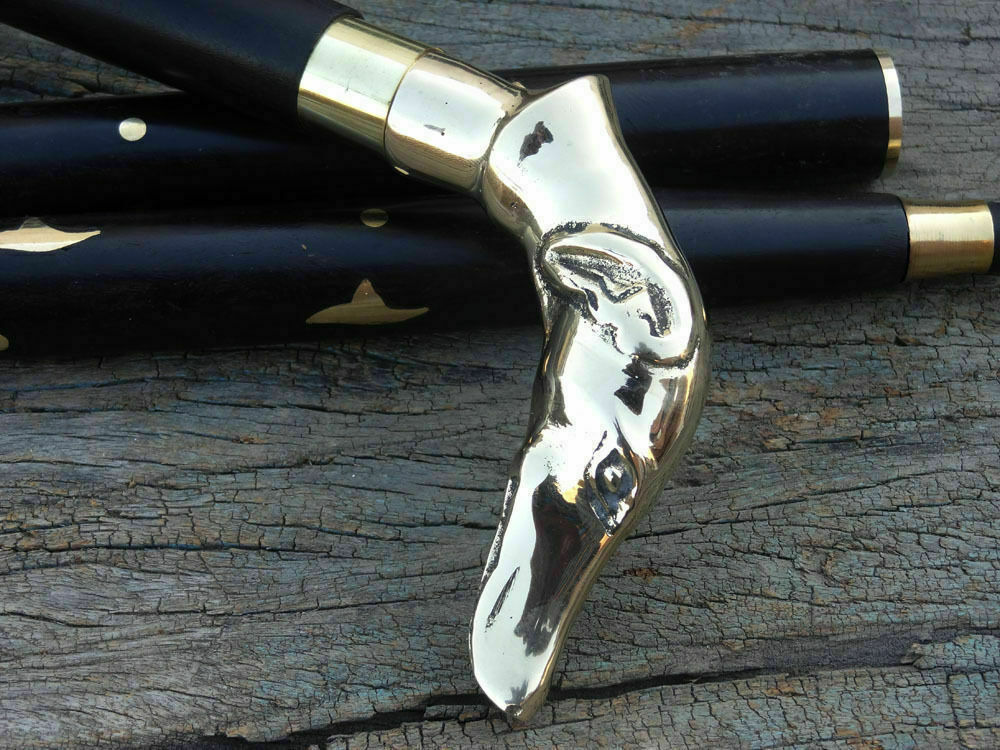 Solid Brass Chrome Dog Head Handle Nautical Style Wooden Walking Stick Cane Gift