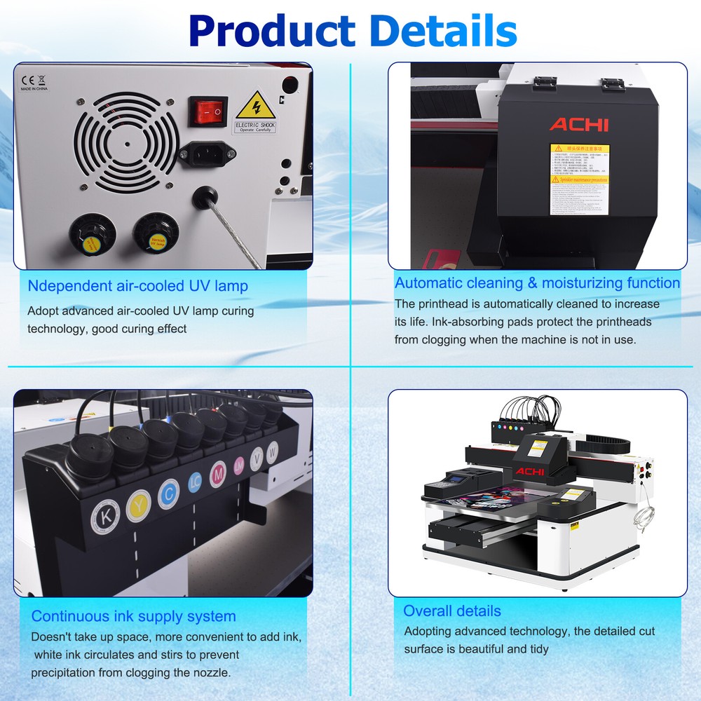 ACHI UV 6090 XP600 Printer DTG Flatbed Printer Vacuum Platform 8 Color US Ship