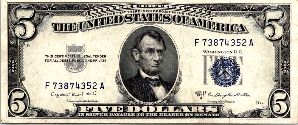 1953-B $5 Silver Certificate XF-AU