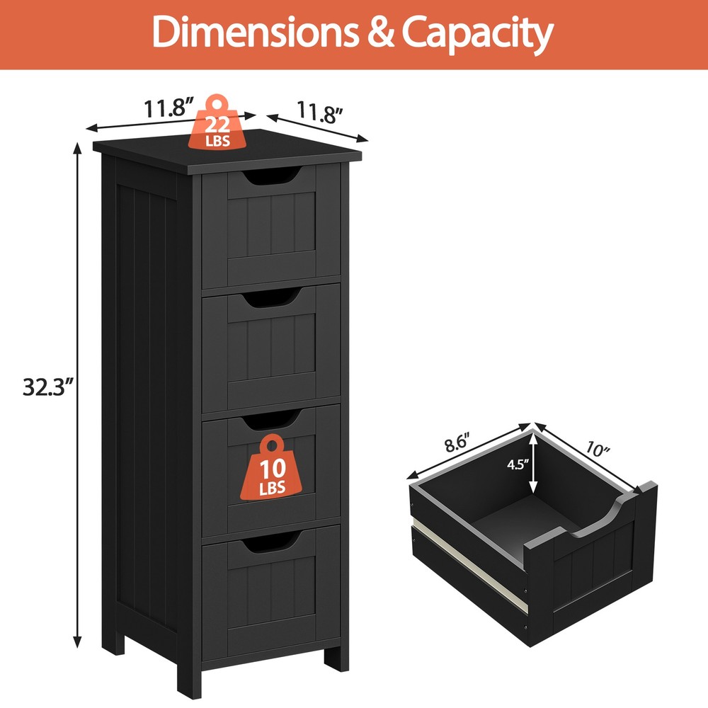 Freestanding Small Bathroom Cabinet Side Storage Organizer with 4 Drawers Black