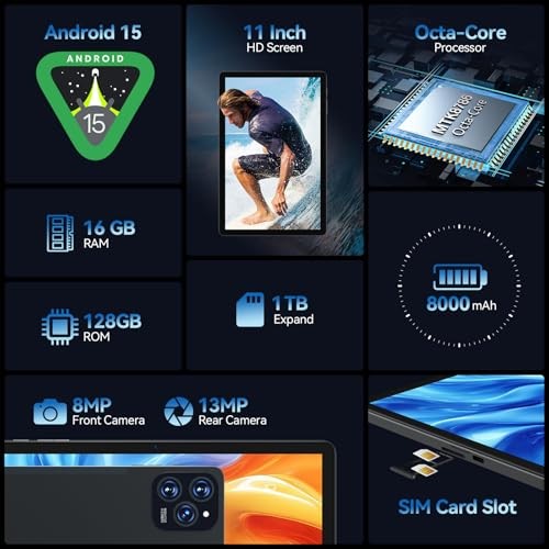 2025 Latest 11 inch Android 15 Tablet with Dual 4G Cellular, Octa-Core Tablets