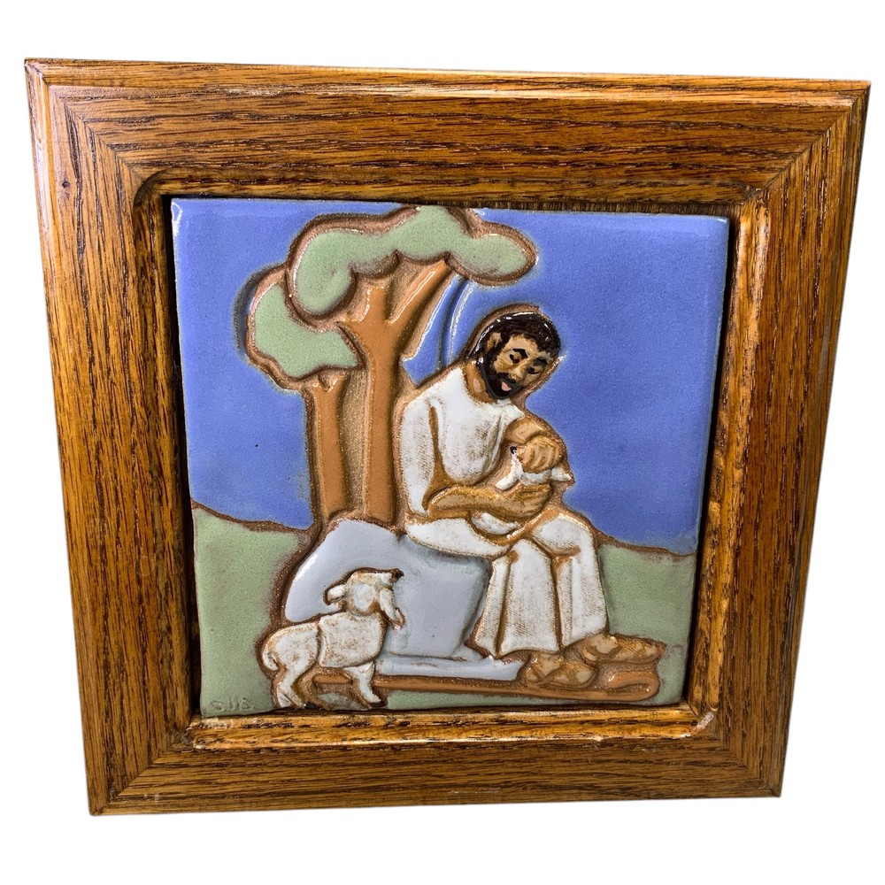 Shepherd Sheep 09 Signed Handmade Hand-Painted Ceramic Glazed Tile