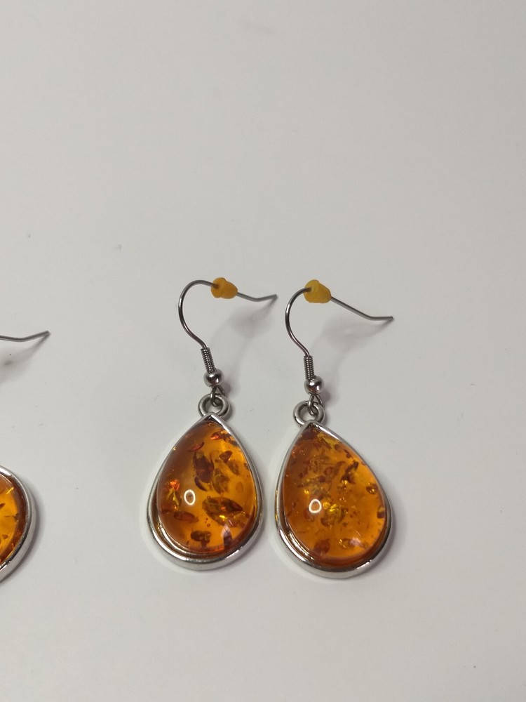 Amber Stone Silver Dangle Earrings & Necklace Set Statement Boho Western