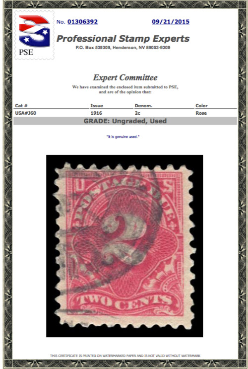 J60 Postage Due Used, PSE  Cert # 01306392