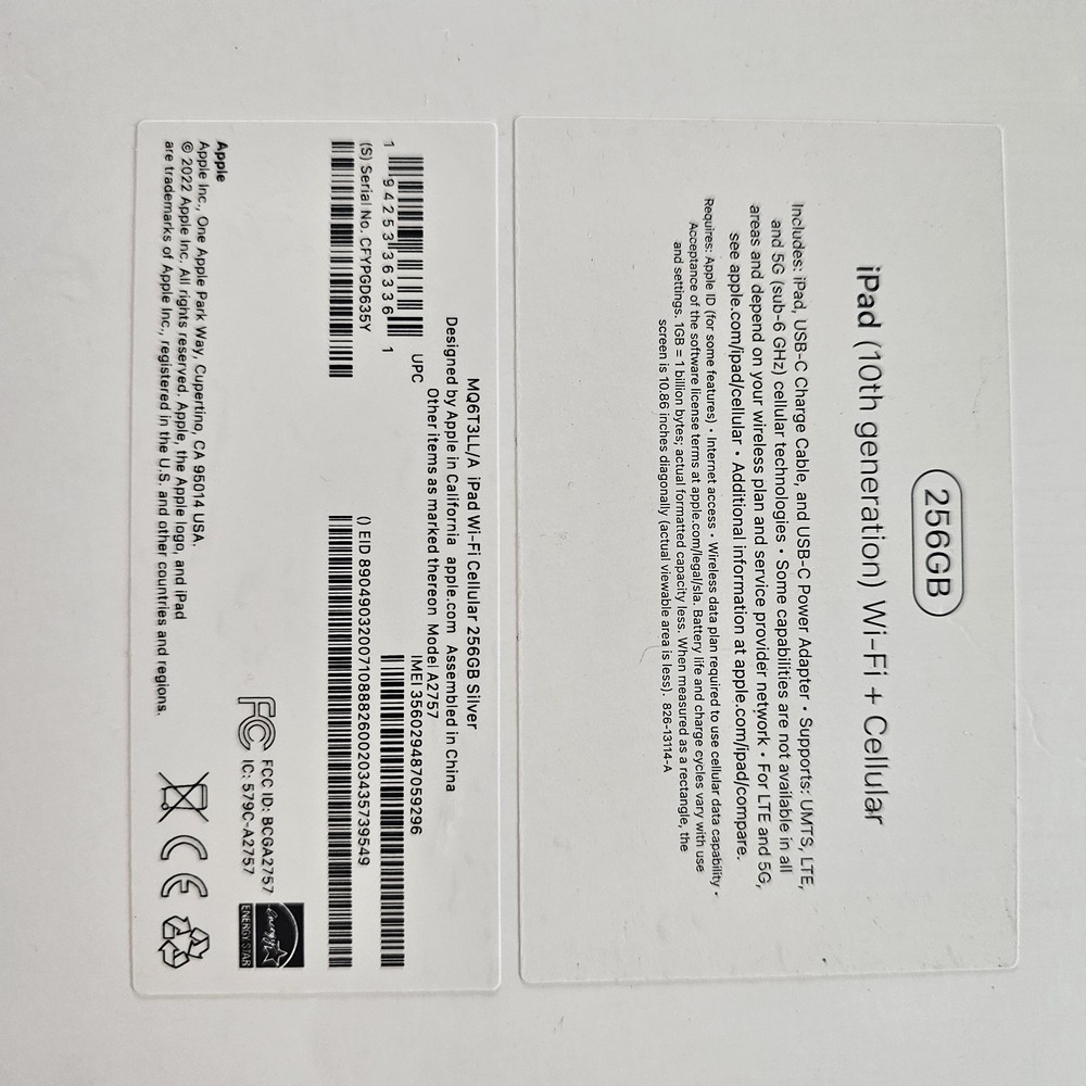 EMPTY BOX - iPad box 10th generation 256 GB (Box Only)