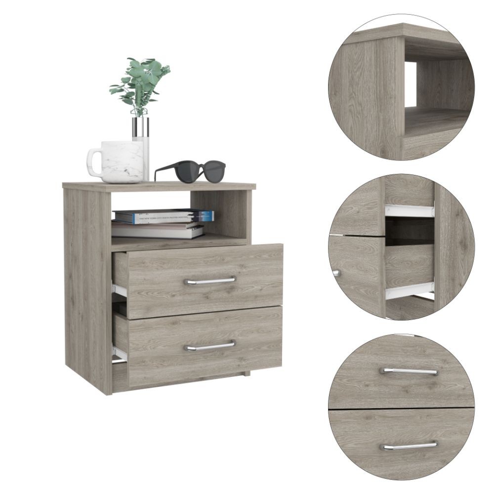 2-Drawer 1-Shelf Rectangle Nightstand Light Grey