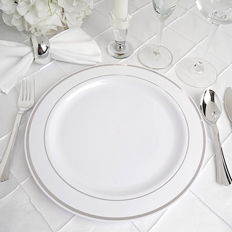 Plastic WHITE Silver Rim 10" PLATES Disposable Party Wedding Buffet Tableware