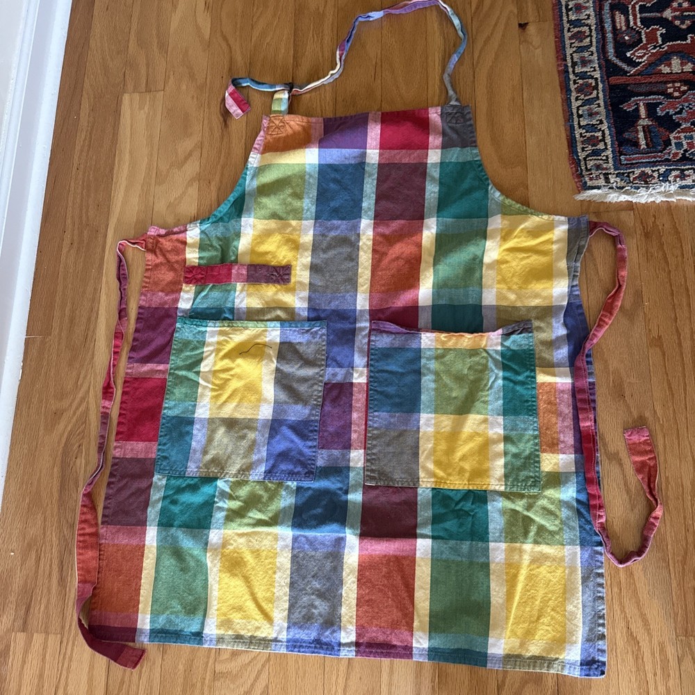 Crate & Barrel Bib Apron Striped Multi Colored Patchwork Pockets 34"l