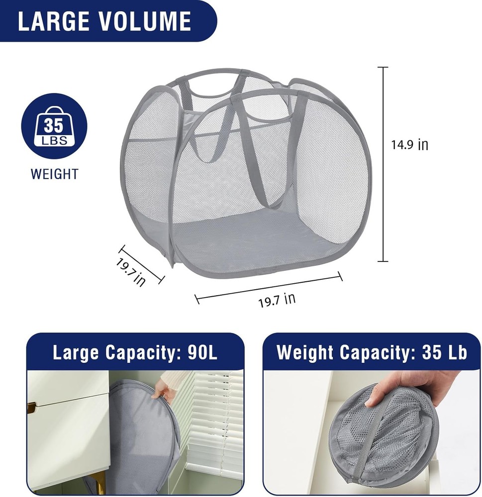 TECHMILLY Collapsible Mesh Pop Up Laundry Hamper with Strong Handles, Large Open