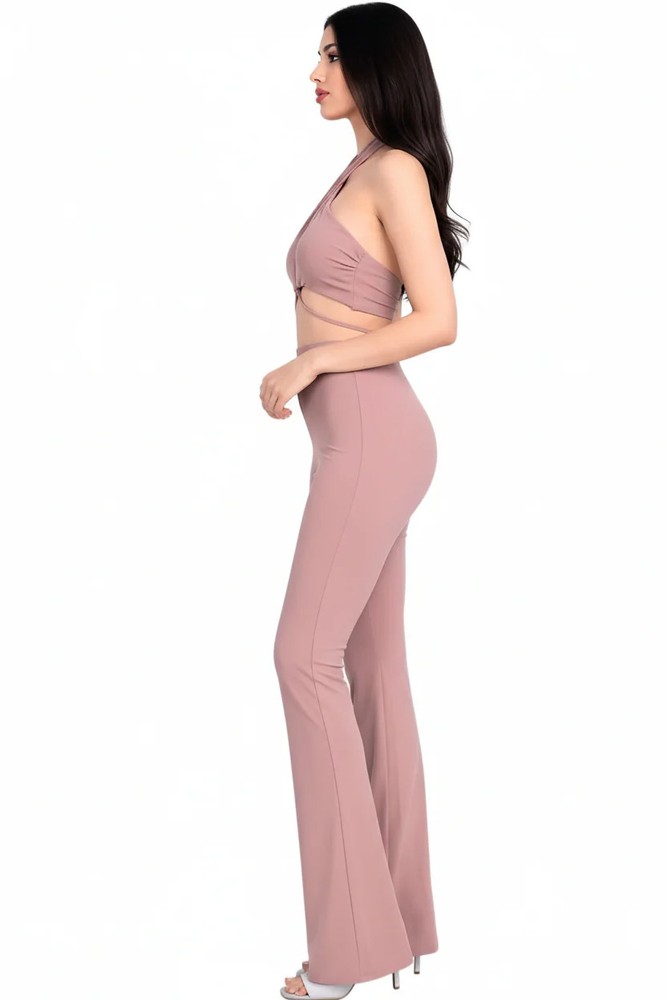 Solid Halter Top And Elastic Leggings Set