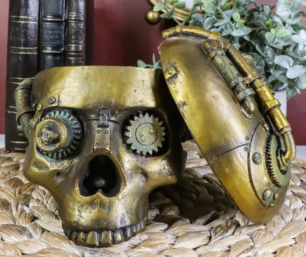 Steampunk Skull Box Robotic Gearhead Half Head 7.5" Long Container Keepsake Box