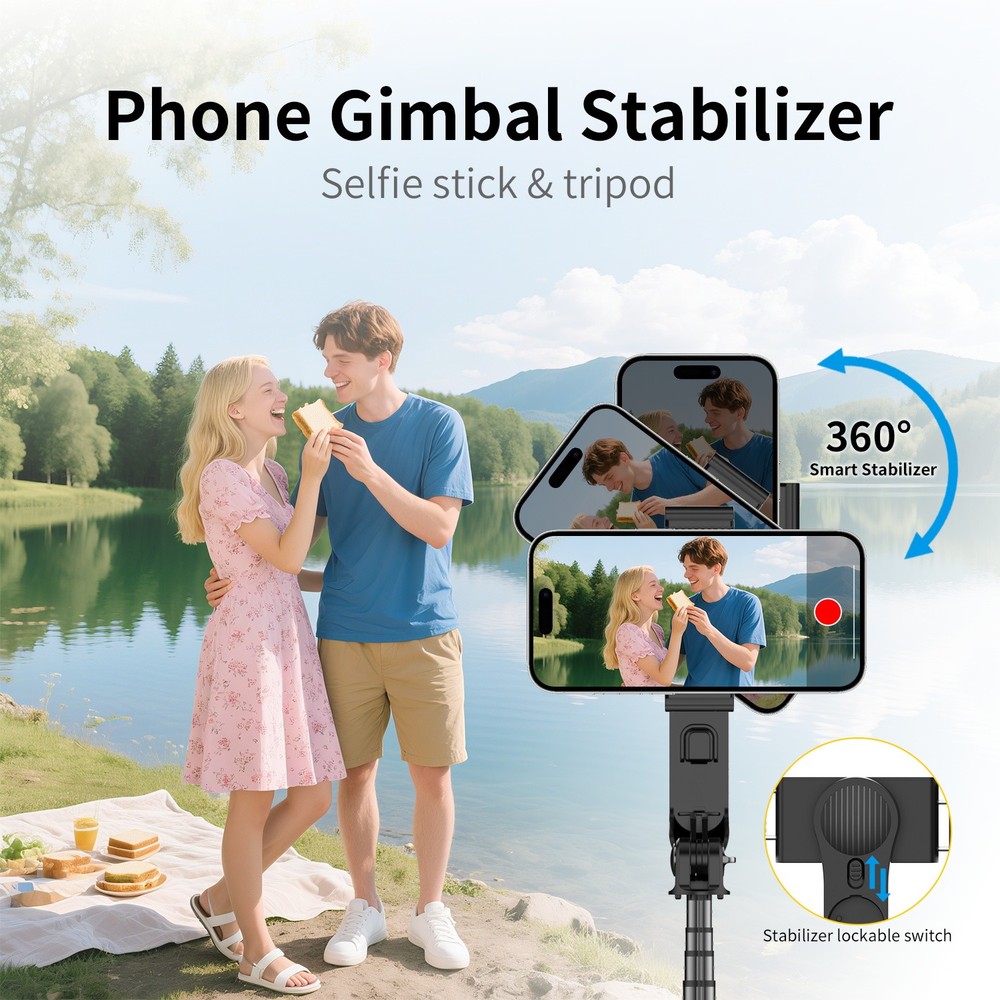 Video Mobile Phone Gimbal Stabilizer,Foldable Selfie Stick,Fill Light,w/Remote