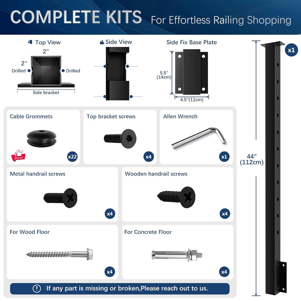 36" Side Mount Cable Railing Post - Stainless Steel Deck Kit, Black