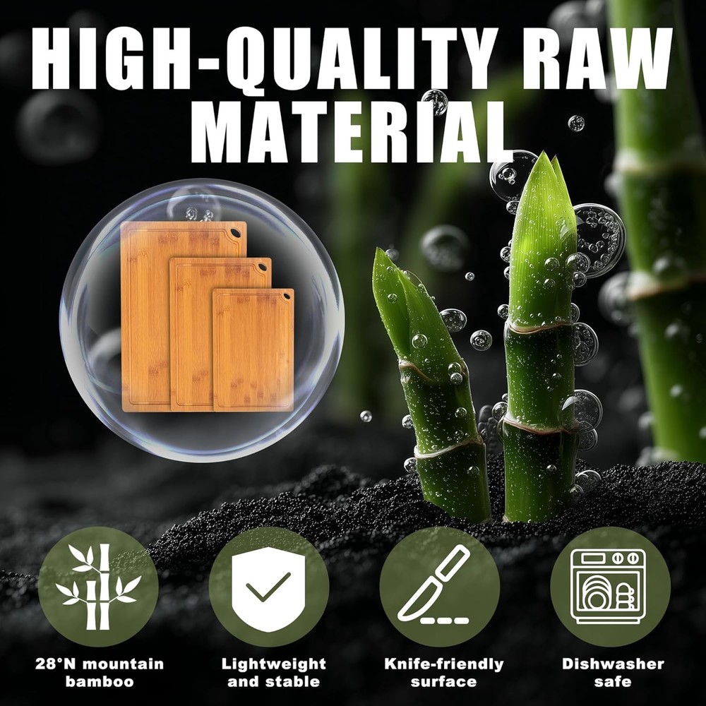 3-Piece Organic Bamboo Cutting Board Set Kitchen Carbonized Extra Sturdy