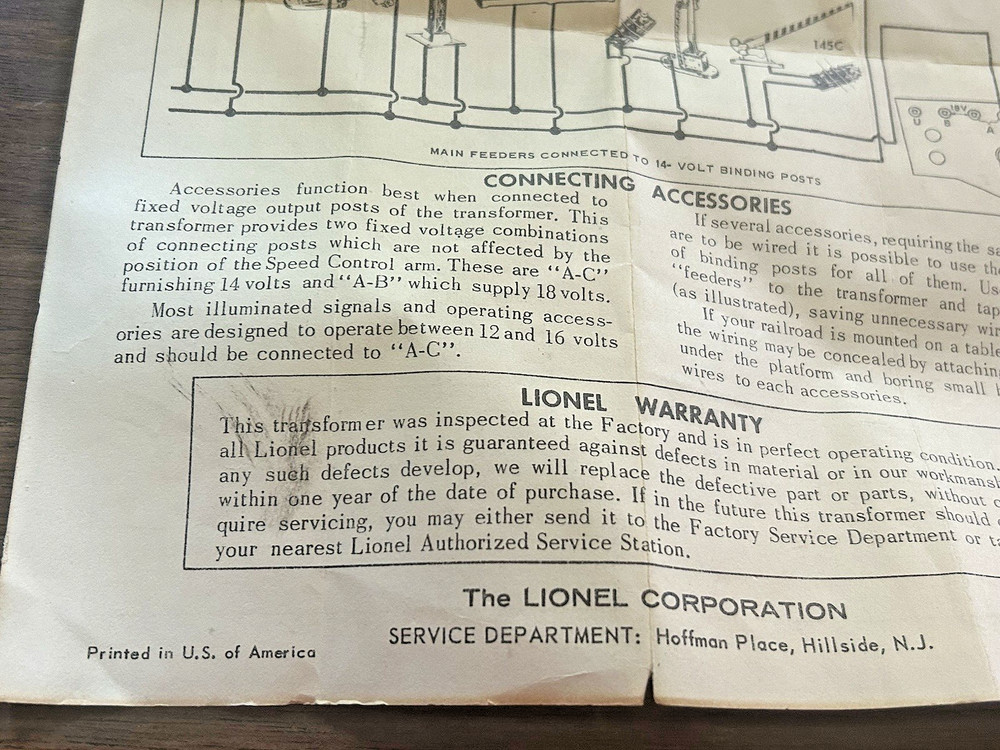 LIONEL LW MULTI CONTROL TRANSFORMER INSTRUCTION Dated 6/60 Postwar