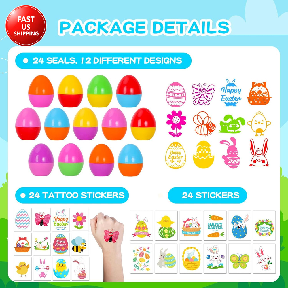 24Pcs Easter Egg Stampers Prefilled Easter Egg Stamps with 24Pcs Easter Stickers