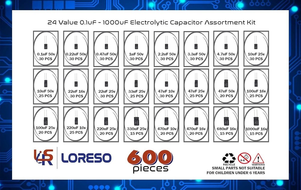 Electrolytic Capacitor Pack 600 pcs Assortment Kit 24 Values for Electronics ...