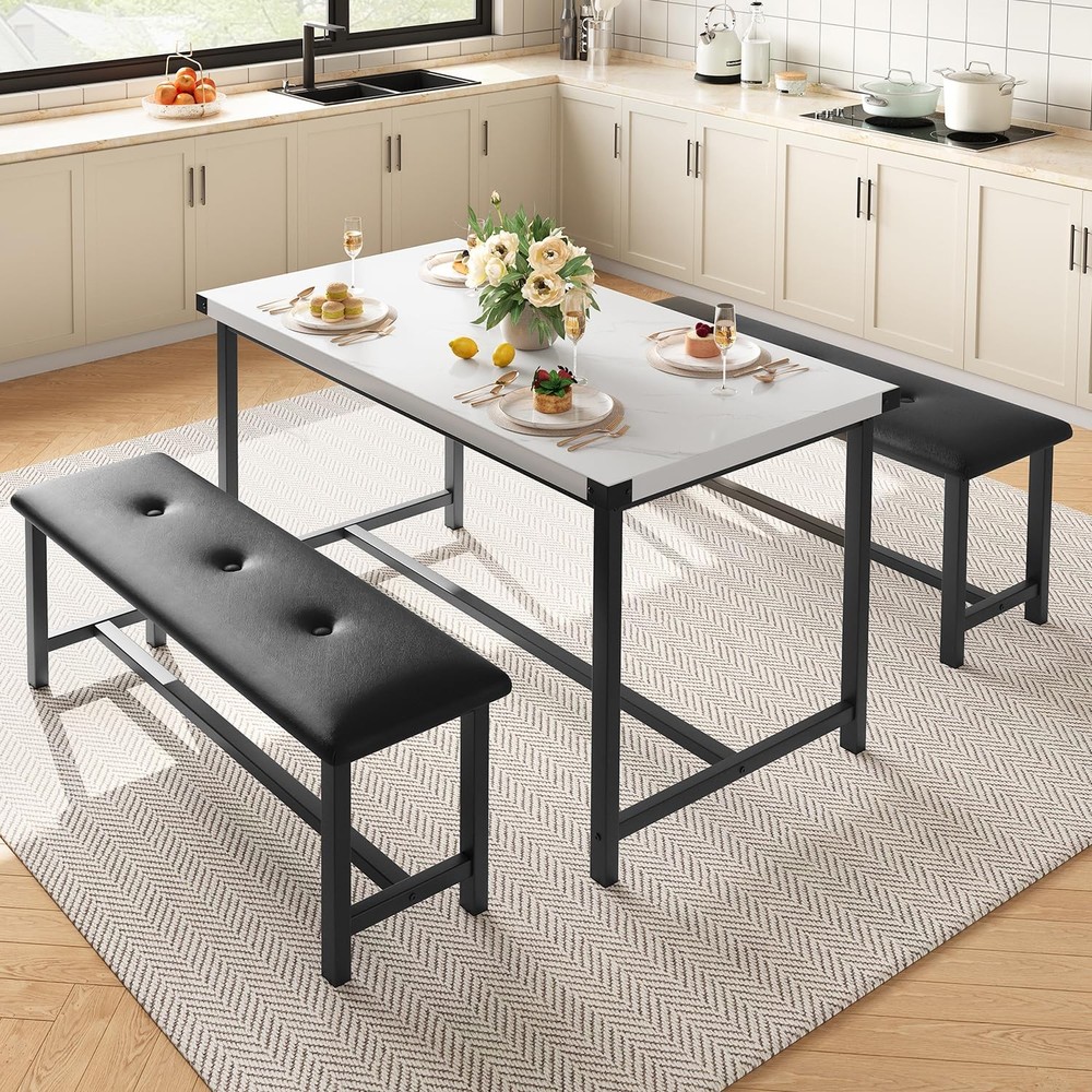3pcs Dining Room Table Set ,Kitchen Table Set and 2 Upholstered Benches ,Dinette