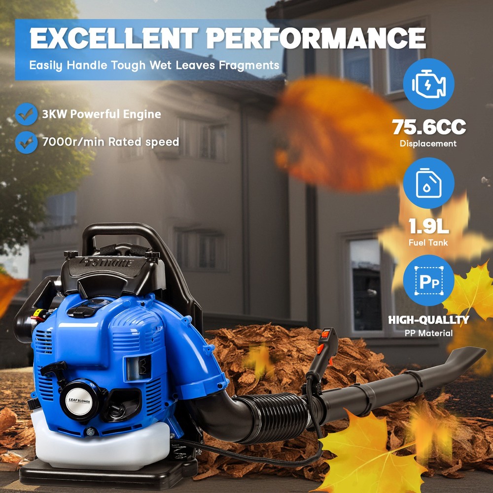 Leaf Blower, 75.6CC Gas Powered Backpack Leaf Blower, 4-Stroke Snow Blower