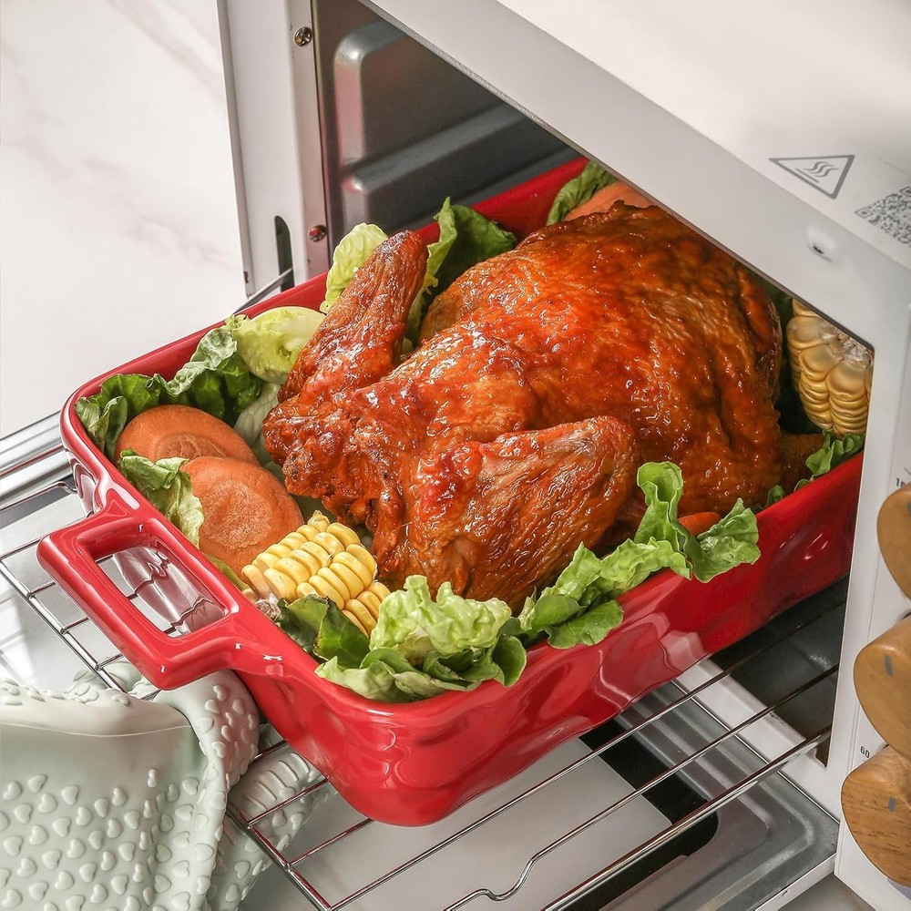 Red Ceramic Baking Pans Set 3pc Rectangular Lasagna Casserole Dish